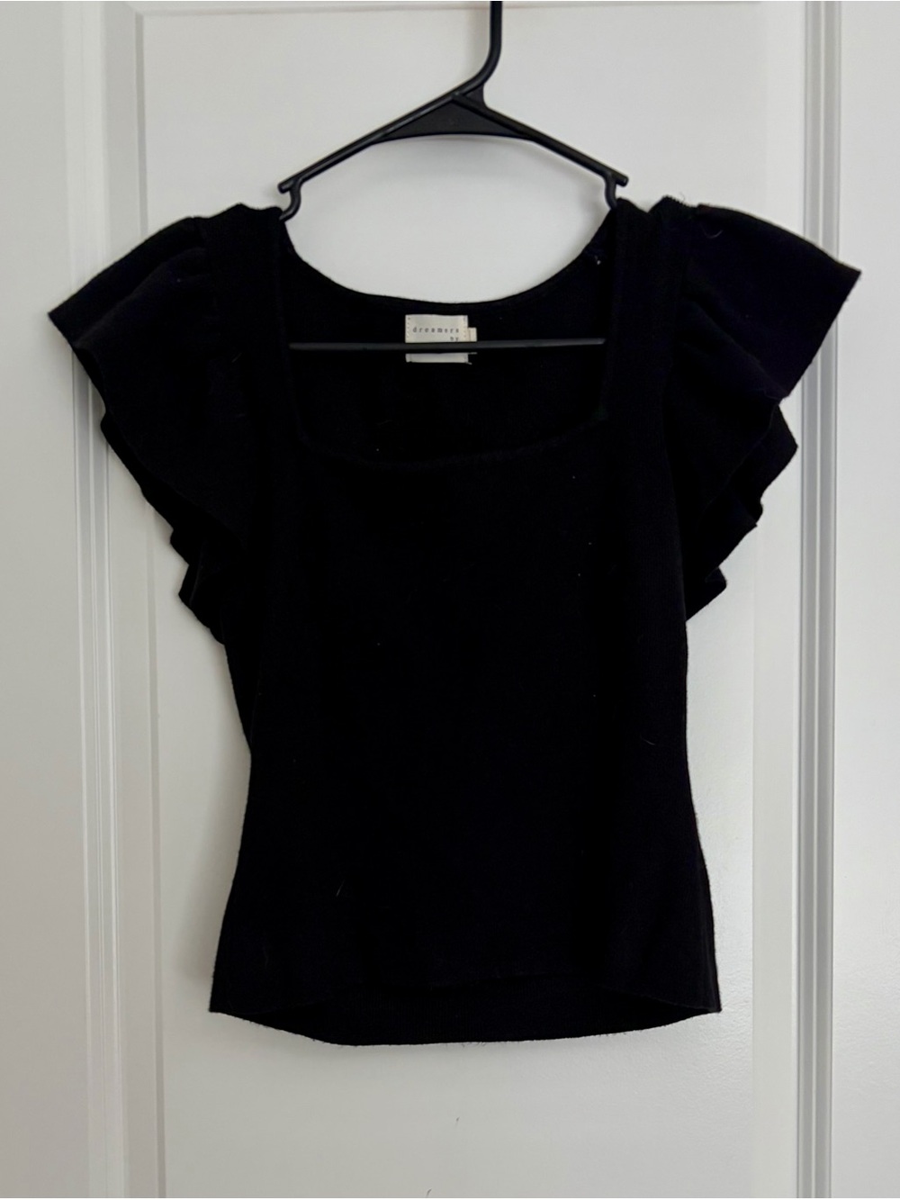 Black Short Sleeve Ruffle Square Neck Top